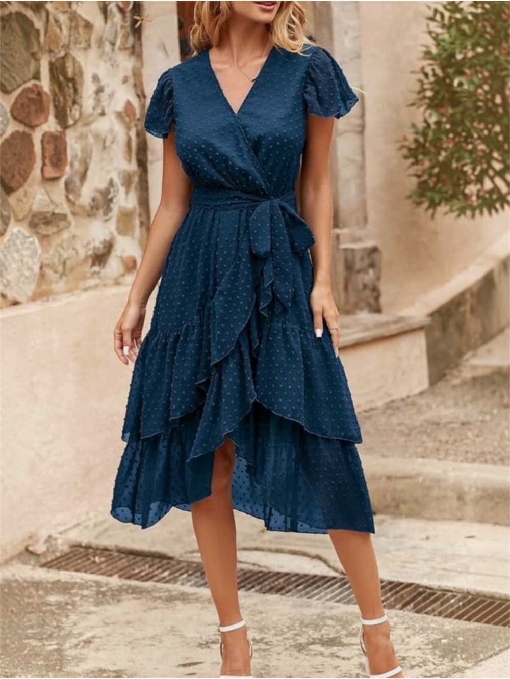 BTFBM Blue Swiss Dot Faux Wrap Midi Dress Ruffle High Low Neck Snap L Like New